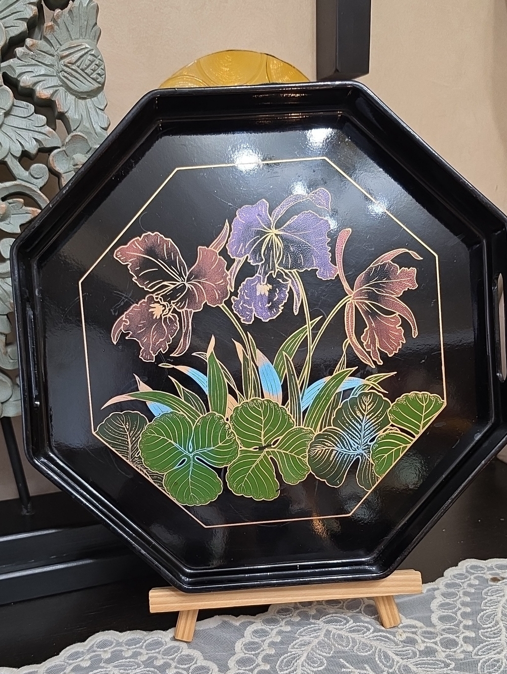 Vtg 1980 Hand-Painted Black Floral Octagonal Serving Tray Japan Wood